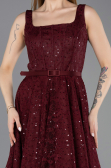 Bordo Kolsuz Kare Yaka Pullu Midi Dantel Gece Elbisesi ABK2549