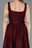 Bordo Kolsuz Kare Yaka Pullu Midi Dantel Gece Elbisesi ABK2549