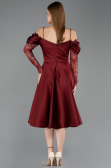 Bordo Dantelli Uzun Kol Midi Saten Davet Elbisesi ABK2552
