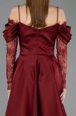 Bordo Dantelli Uzun Kol Midi Saten Davet Elbisesi ABK2552