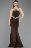 Kahve Taşlı Straplez Yaka Peplum Uzun Balık Abiye Elbise ABU5866