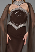 Kahve Taşlı Straplez Yaka Peplum Uzun Balık Abiye Elbise ABU5866
