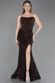 Kahve Taşlı Straplez Balenli Peplum Uzun Dantel Abiye ABU5892
