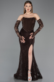 Kahve Taşlı Straplez Balenli Peplum Uzun Dantel Abiye ABU5892