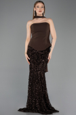 Kahve Straplez Peplum Şallı Uzun Pullu Balık Abiye ABU5896