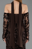 Kahve Straplez Peplum Şallı Uzun Pullu Balık Abiye ABU5896