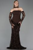 Kahve Straplez Peplum Şallı Uzun Pullu Balık Abiye ABU5896