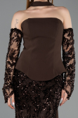 Kahve Straplez Peplum Şallı Uzun Pullu Balık Abiye ABU5896