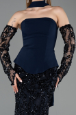 Lacivert Straplez Peplum Şallı Uzun Pullu Balık Abiye ABU5896