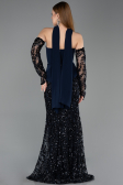 Lacivert Straplez Peplum Şallı Uzun Pullu Balık Abiye ABU5896