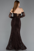 Kahve Taşlı Straplez Balenli Peplum Uzun Dantel Abiye ABU5892