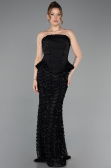 Siyah Straplez Peplum Uzun Pullu Abiye Elbise ABU5919