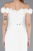 Ekru Çiçekli Kayık Yaka Peplum Midi Kalem Abiye Elbise ABK2583