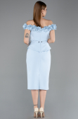 Buz Mavisi Çiçekli Kayık Yaka Peplum Midi Kalem Abiye Elbise ABK2583