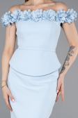 Buz Mavisi Çiçekli Kayık Yaka Peplum Midi Kalem Abiye Elbise ABK2583