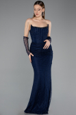 Lacivert Straplez Kol Aksesuarlı Uzun Dantel Balık Abiye ABU5933