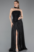 Siyah Straplez Yırtmaçlı Pliseli Uzun Şifon Abiye ABU5957