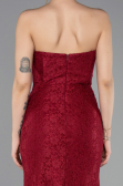 Bordo Straplez Korse Detay Uzun Dantel Abiye Elbise ABU5815