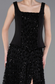 Siyah Kolsuz Kare Yaka Yırtmaçlı Uzun Pullu Abiye ABU5986