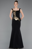Siyah-Gold Kolsuz Kare Yaka Peplum Uzun Balık Abiye ABU5768