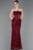 Bordo Straplez Portatif Korse Detay Uzun Pullu Abiye ABU5979