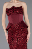 Bordo Straplez Portatif Korse Detay Uzun Pullu Abiye ABU5979
