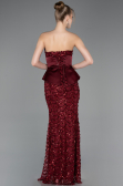 Bordo Straplez Portatif Korse Detay Uzun Pullu Abiye ABU5979