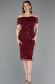 Bordo Kayık Yaka Midi Boncuklu Gece Elbisesi ABK2592