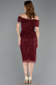 Bordo Kayık Yaka Midi Boncuklu Gece Elbisesi ABK2592