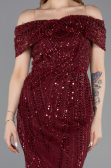 Bordo Kayık Yaka Midi Boncuklu Gece Elbisesi ABK2592