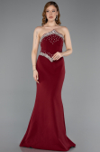 Bordo Taşlı Straplez Yaka Peplum Uzun Balık Abiye Elbise ABU5866