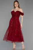 Bordo Kayık Yaka Midi Boncuklu Gece Elbisesi ABK2594