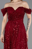 Bordo Kayık Yaka Midi Boncuklu Gece Elbisesi ABK2594