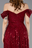 Bordo Kayık Yaka Midi Boncuklu Gece Elbisesi ABK2594