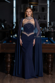 Lacivert Taşlı Straplez Yaka Peplum Uzun Balık Abiye Elbise ABU5866