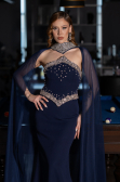Lacivert Taşlı Straplez Yaka Peplum Uzun Balık Abiye Elbise ABU5866