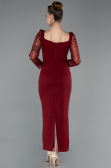 Bordo Pullu Uzun Kol Kare Yaka Midi Davet Elbisesi ABK2387