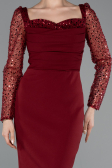 Bordo Pullu Uzun Kol Kare Yaka Midi Davet Elbisesi ABK2387