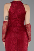 Bordo Halter Yaka Eldivenli Uzun Dantel Balık Abiye ABU5598