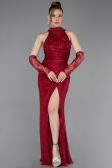 Bordo Halter Yaka Eldivenli Uzun Dantel Balık Abiye ABU5598