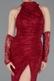 Bordo Halter Yaka Eldivenli Uzun Dantel Balık Abiye ABU5598