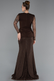 Kahve Dantelli Uzun Kol Peplum Kesim Abiye Elbise ABU6014