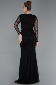 Siyah Dantelli Uzun Kol Peplum Kesim Abiye Elbise ABU6014