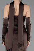 Kahve Drapeli Straplez Yaka Eldivenli Uzun Saten Abiye ABU5944