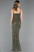 Haki Boncuklu Askılı Uzun Pullu Abiye Elbise ABU6039