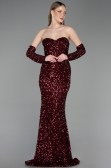 Bordo Straplez Portatif Korse Detay Uzun Pullu Abiye ABU6041