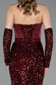 Bordo Straplez Portatif Korse Detay Uzun Pullu Abiye ABU6041