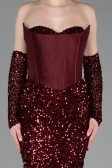 Bordo Straplez Portatif Korse Detay Uzun Pullu Abiye ABU6041