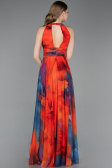 Orange Halter Yaka Yırtmaçlı Uzun Empirme Abiye Elbisesi ABU6048