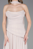 Bej Straplez Peplum Kesim Uzun Şifon Abiye Elbise ABU5763